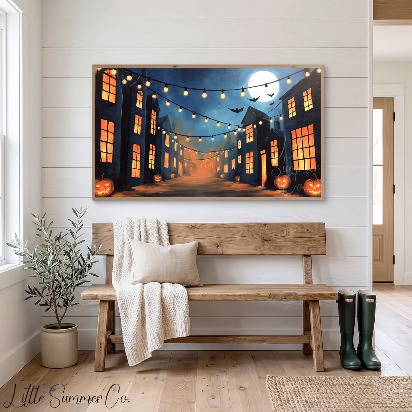 Moonlit Pumpkin Street Frame TV Art displayed on a TV