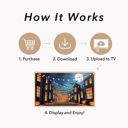Moonlit Pumpkin Street Frame TV Art displayed on a TV