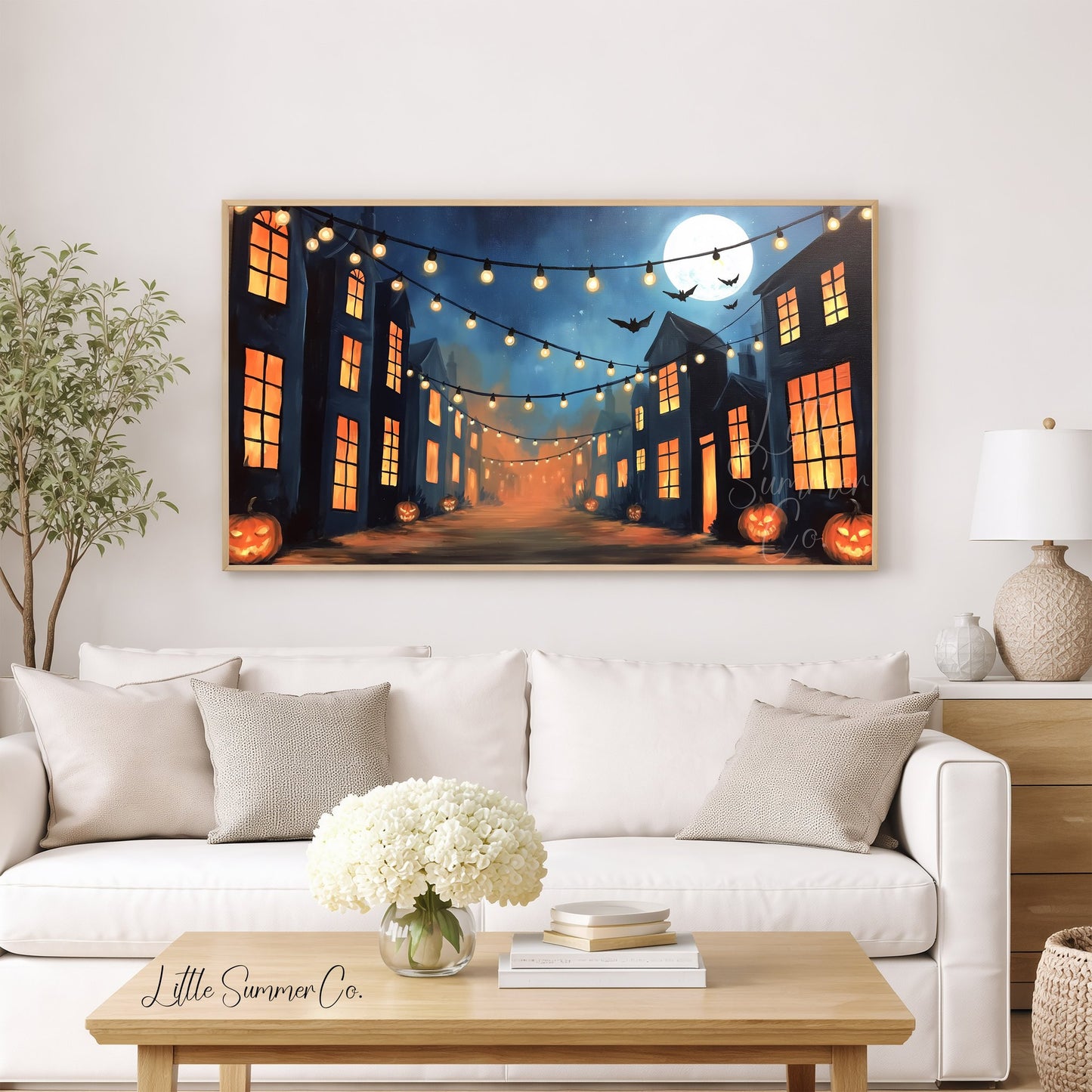 Moonlit Pumpkin Street Frame TV Art displayed on a TV