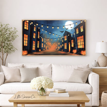 Moonlit Pumpkin Street Frame TV Art displayed on a TV