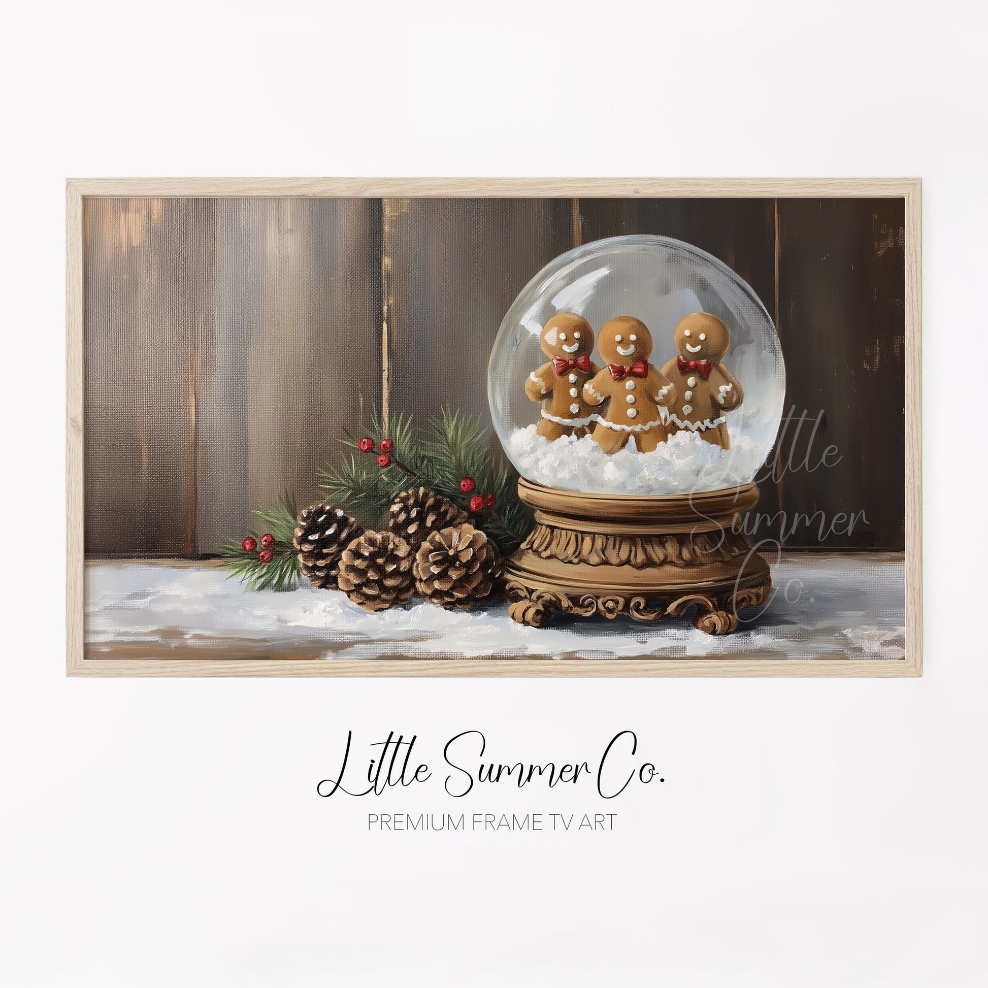 Gingerbread Snow Globe Frame TV Art displayed on a TV