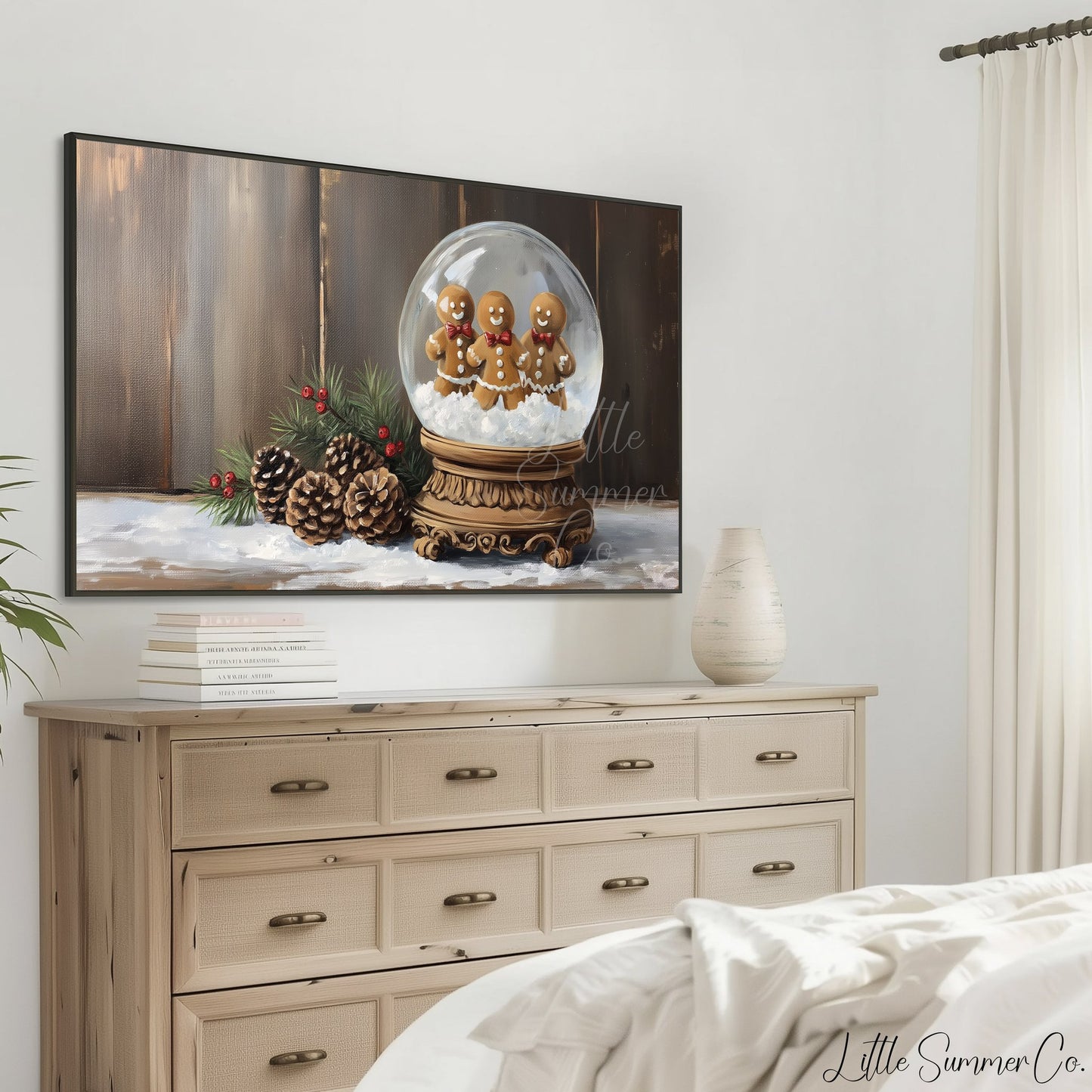 Gingerbread Snow Globe Frame TV Art displayed on a TV