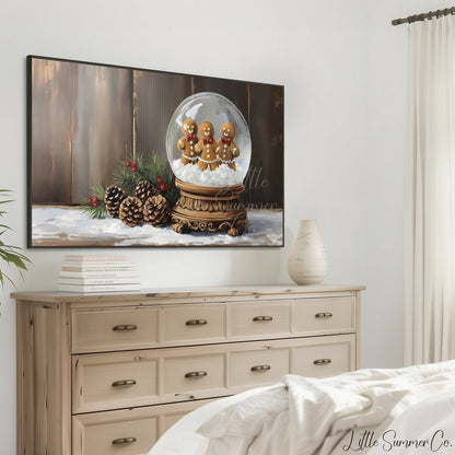 Gingerbread Snow Globe Frame TV Art displayed on a TV