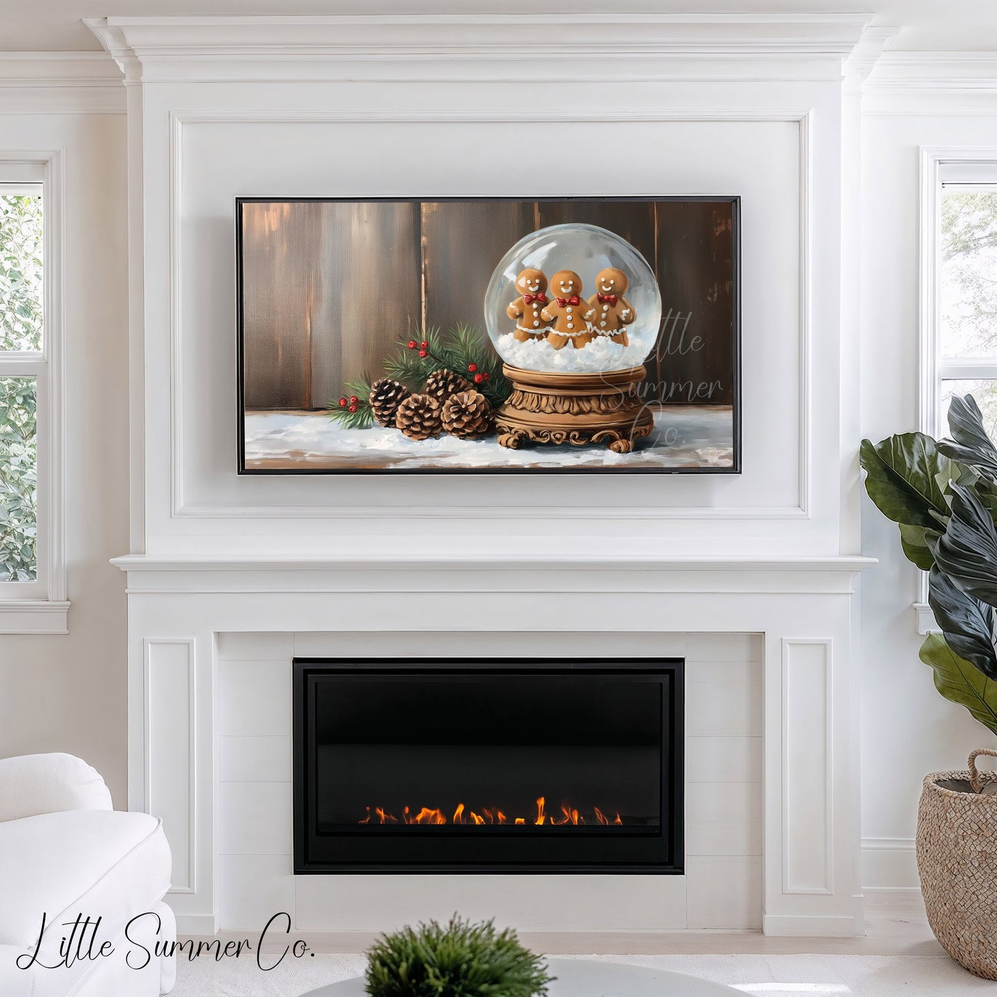 Gingerbread Snow Globe Frame TV Art displayed on a TV