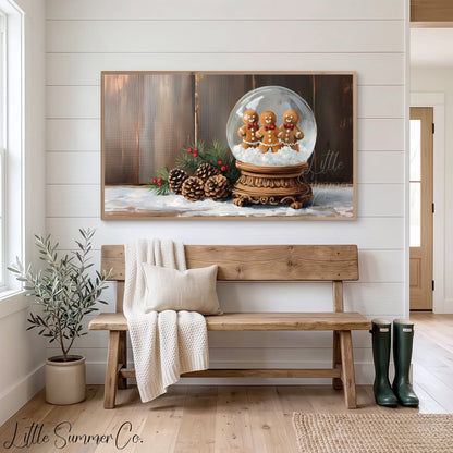 Gingerbread Snow Globe Frame TV Art displayed on a TV