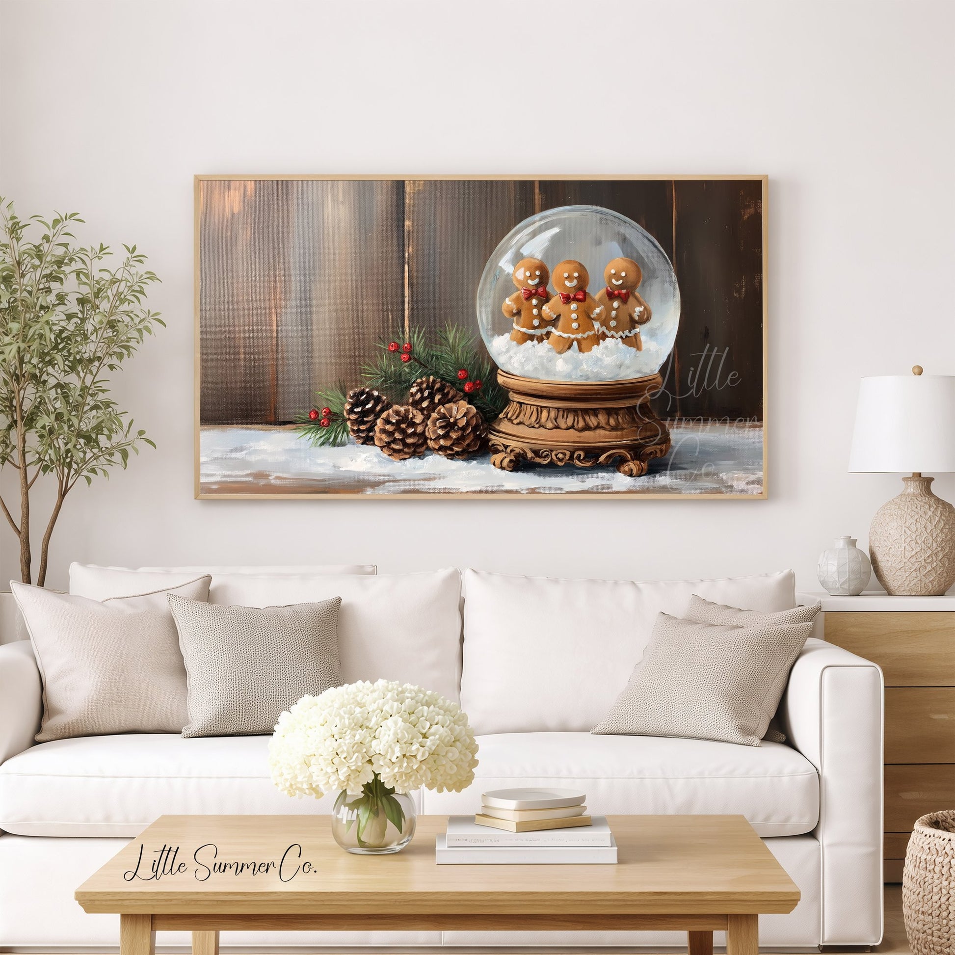 Gingerbread Snow Globe Frame TV Art displayed on a TV