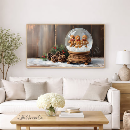 Gingerbread Snow Globe Frame TV Art displayed on a TV