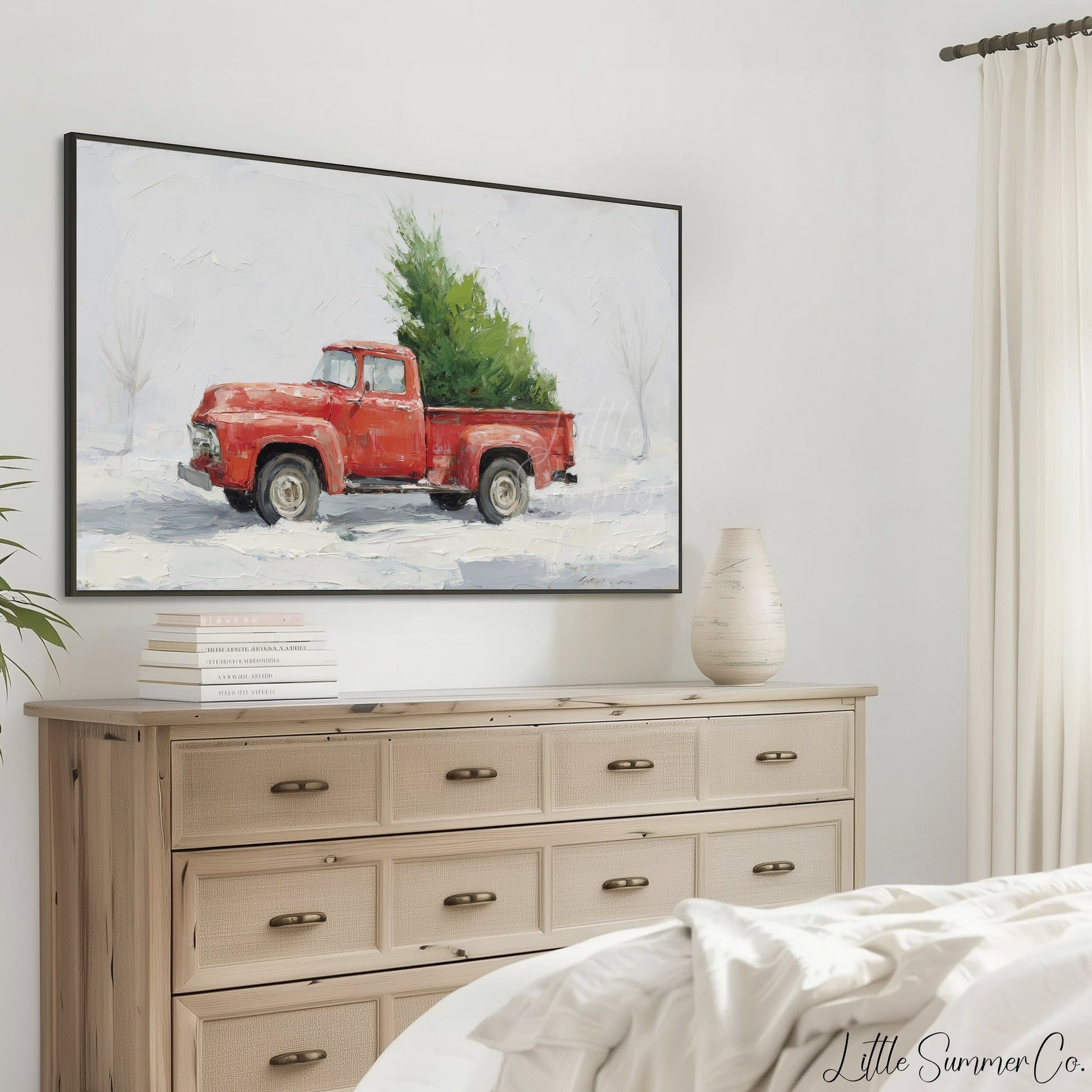 Red Truck Christmas Tree Snow Frame TV Art displayed on a TV