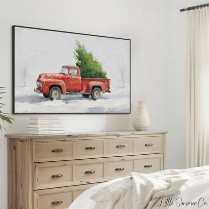 Red Truck Christmas Tree Snow Frame TV Art displayed on a TV
