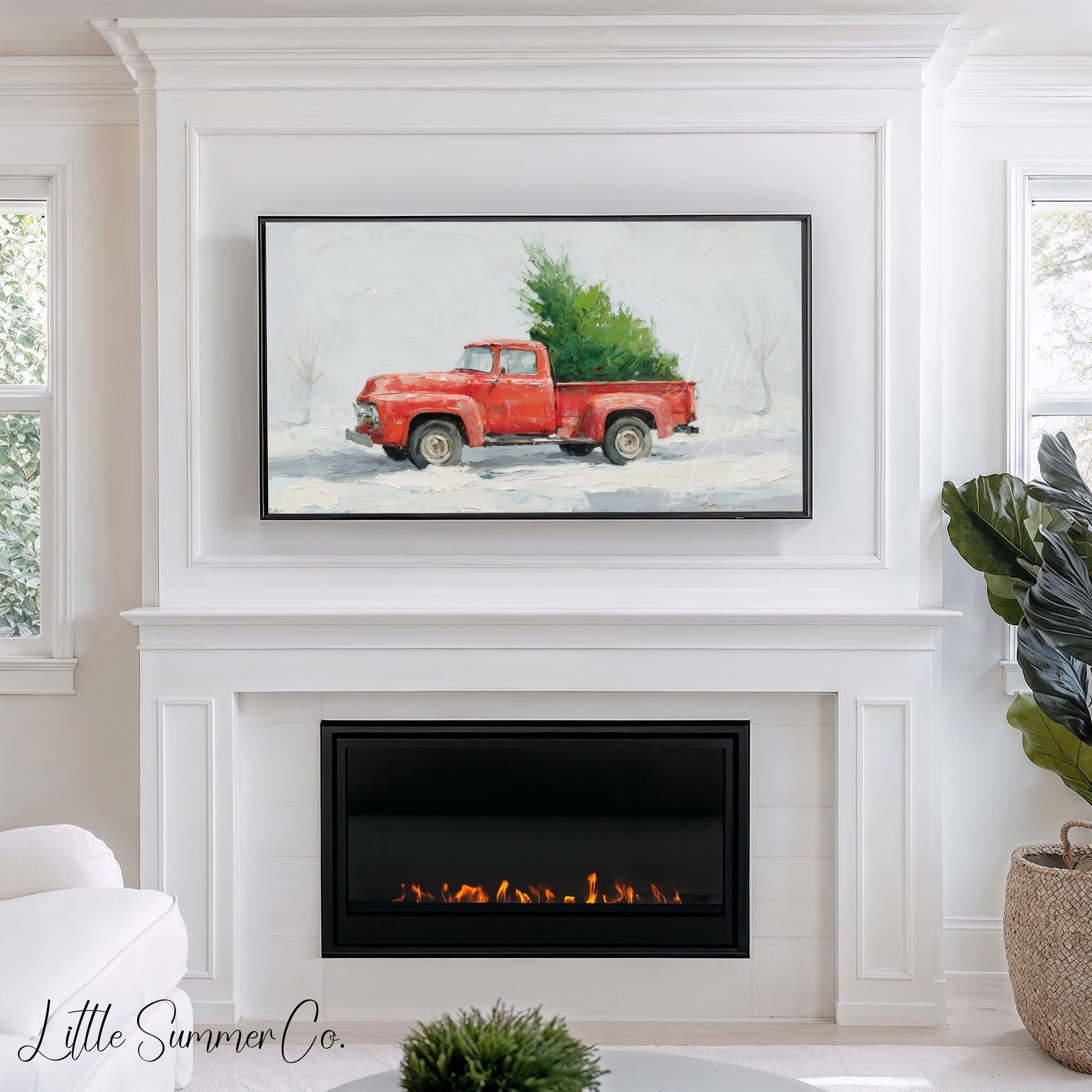 Red Truck Christmas Tree Snow Frame TV Art displayed on a TV
