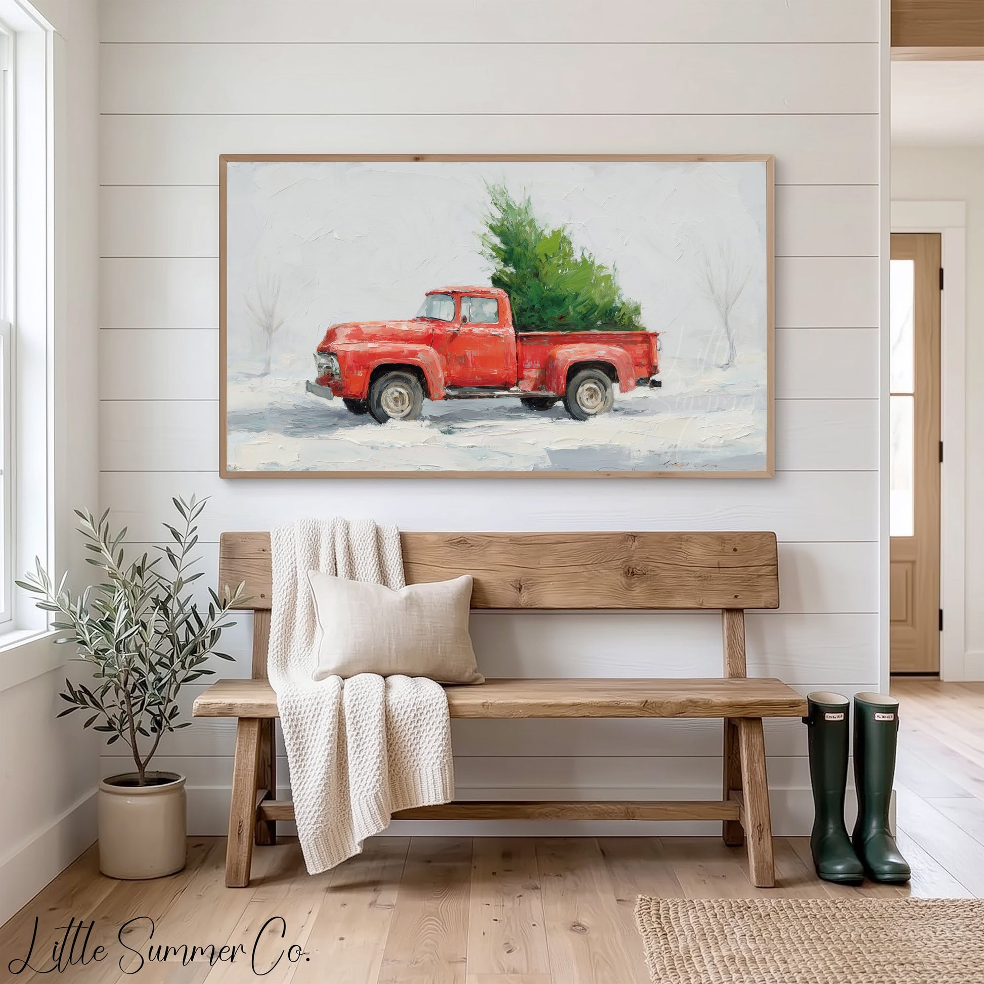 Red Truck Christmas Tree Snow Frame TV Art displayed on a TV