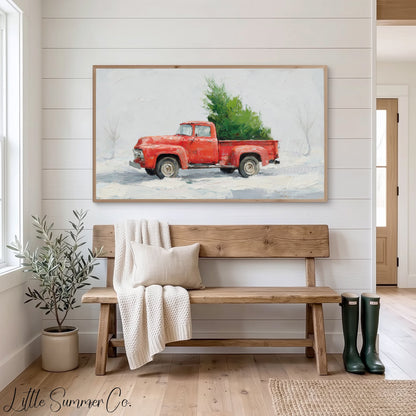 Red Truck Christmas Tree Snow Frame TV Art displayed on a TV