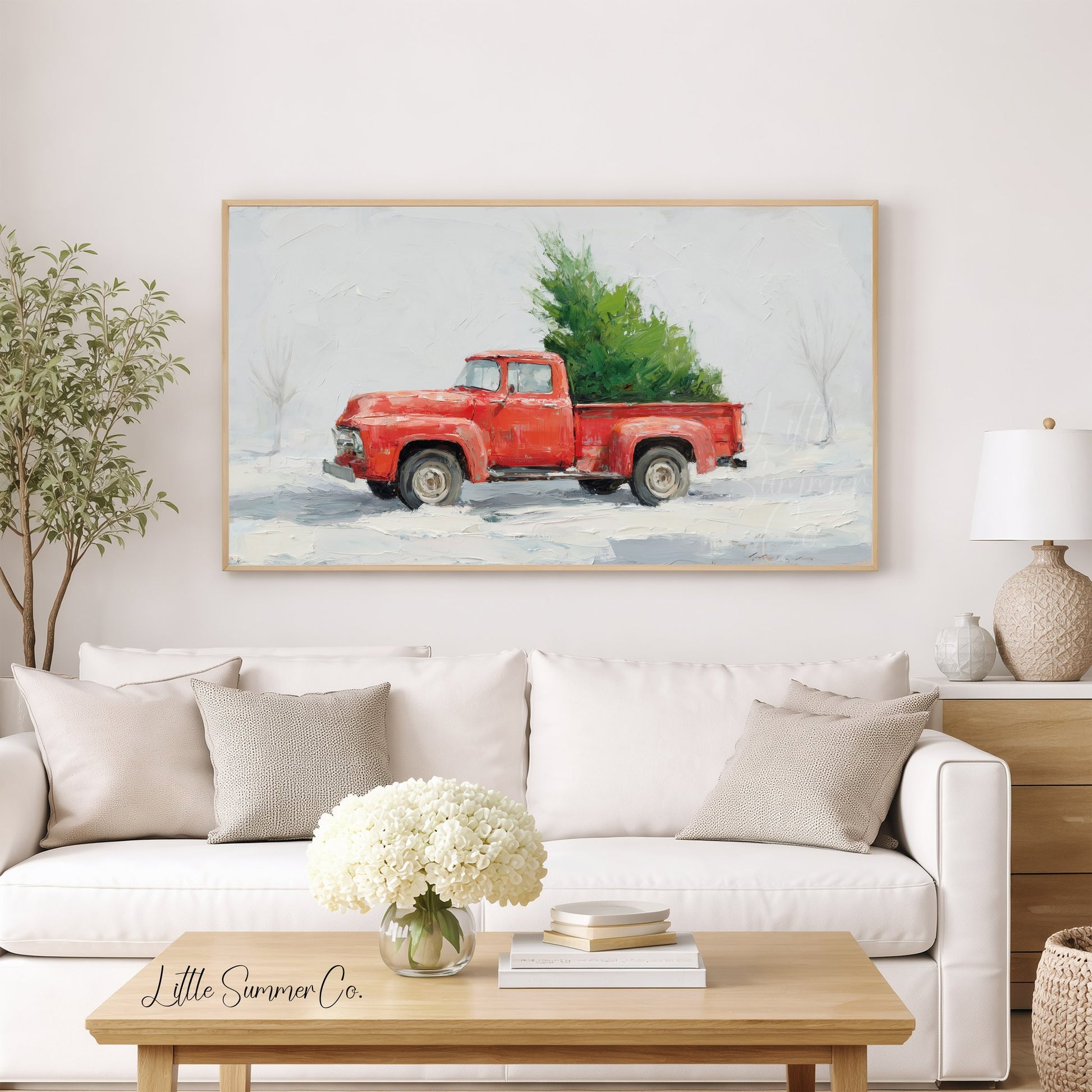 Red Truck Christmas Tree Snow Frame TV Art displayed on a TV