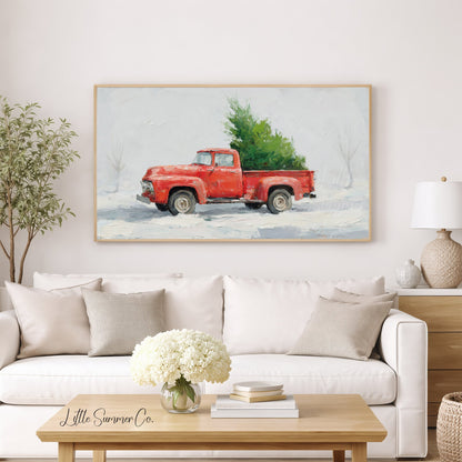 Red Truck Christmas Tree Snow Frame TV Art displayed on a TV