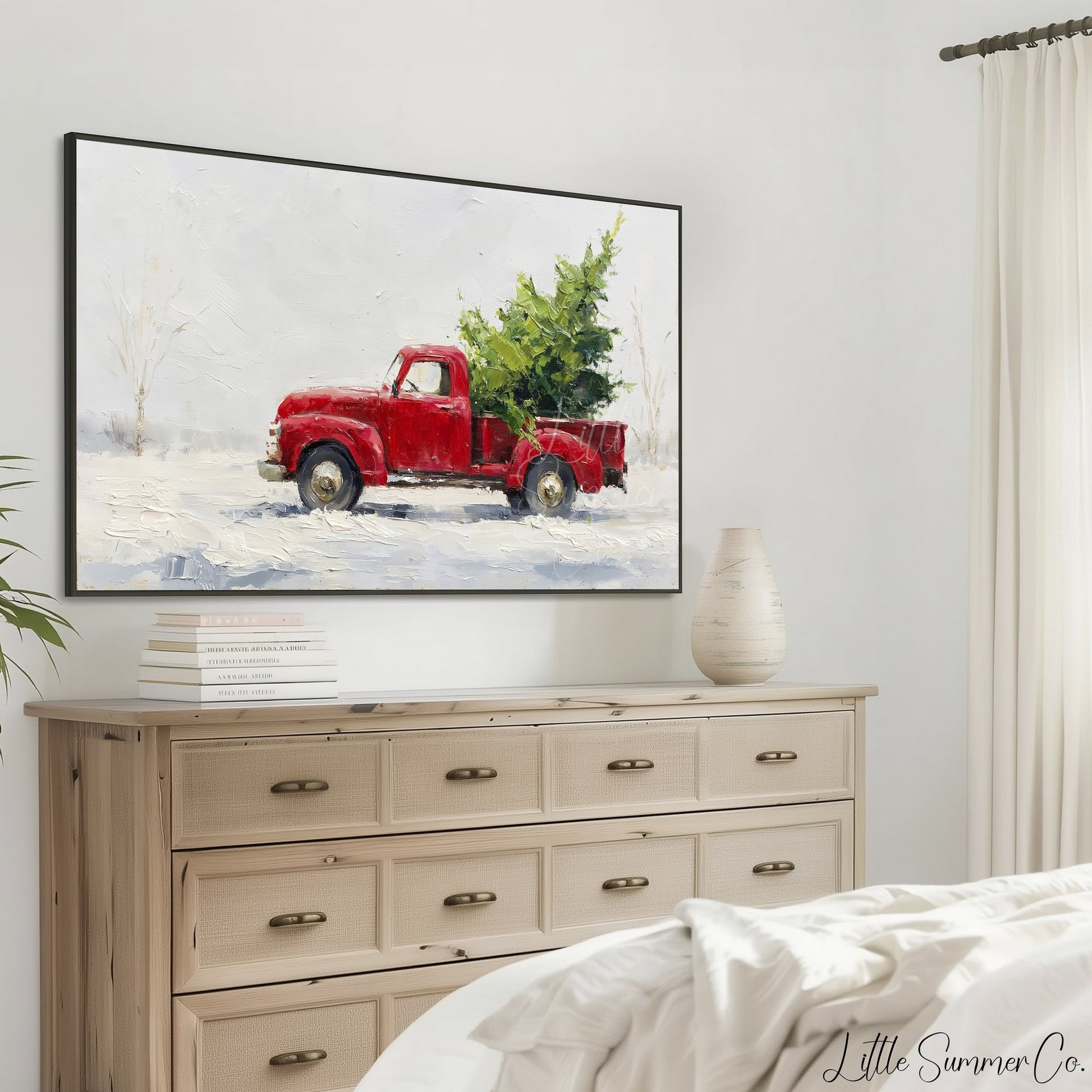 Red Pickup Christmas Tree Frame TV Art displayed on a TV