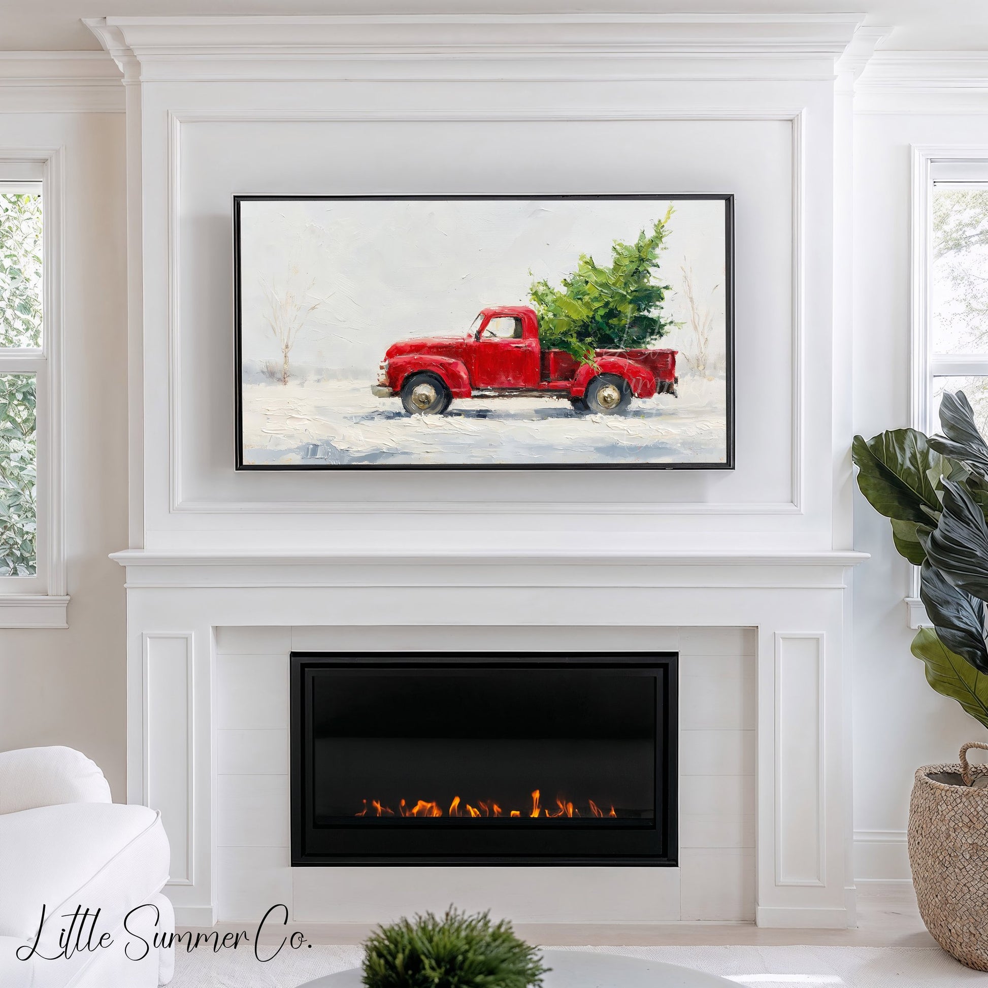Red Pickup Christmas Tree Frame TV Art displayed on a TV