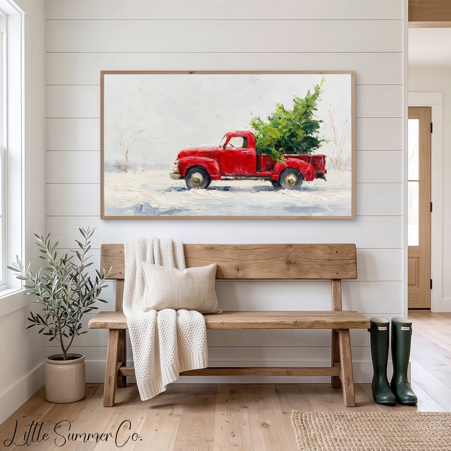 Red Pickup Christmas Tree Frame TV Art displayed on a TV