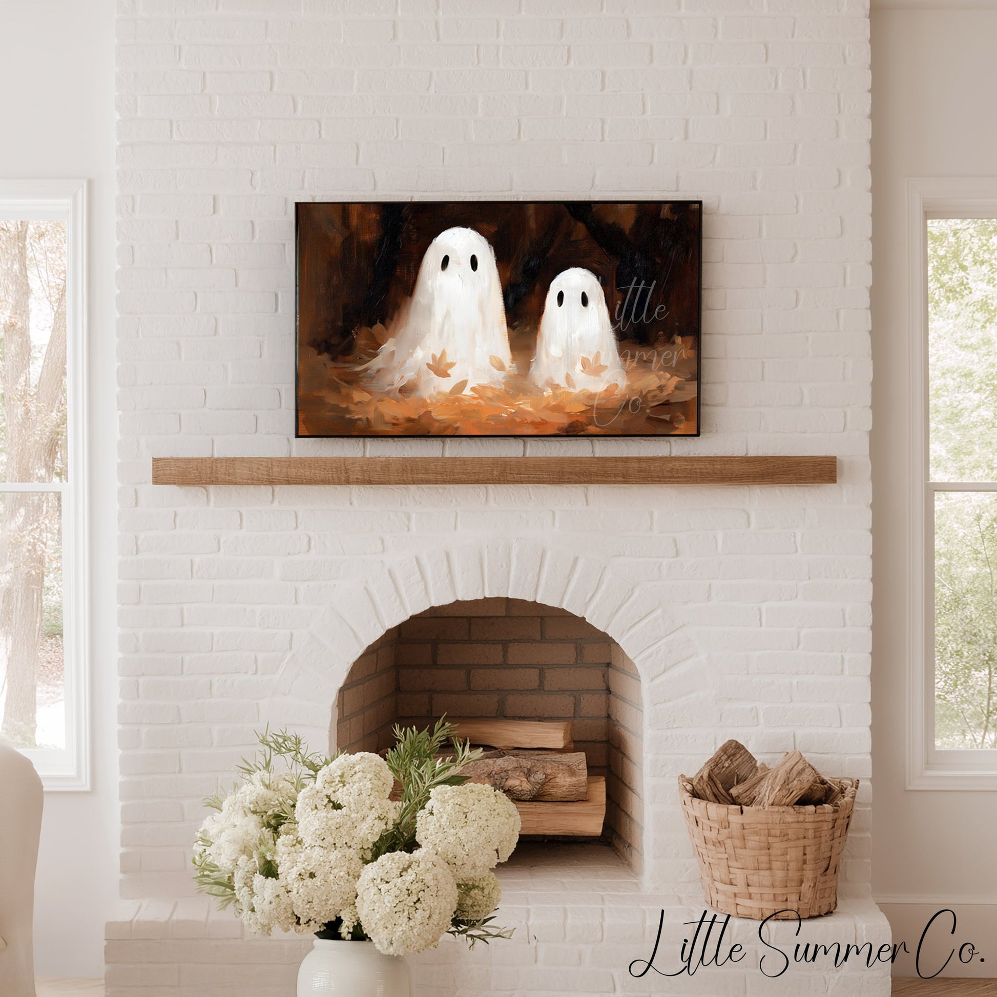 Ghost Pair Autumn Leaves Frame TV Art displayed on a TV