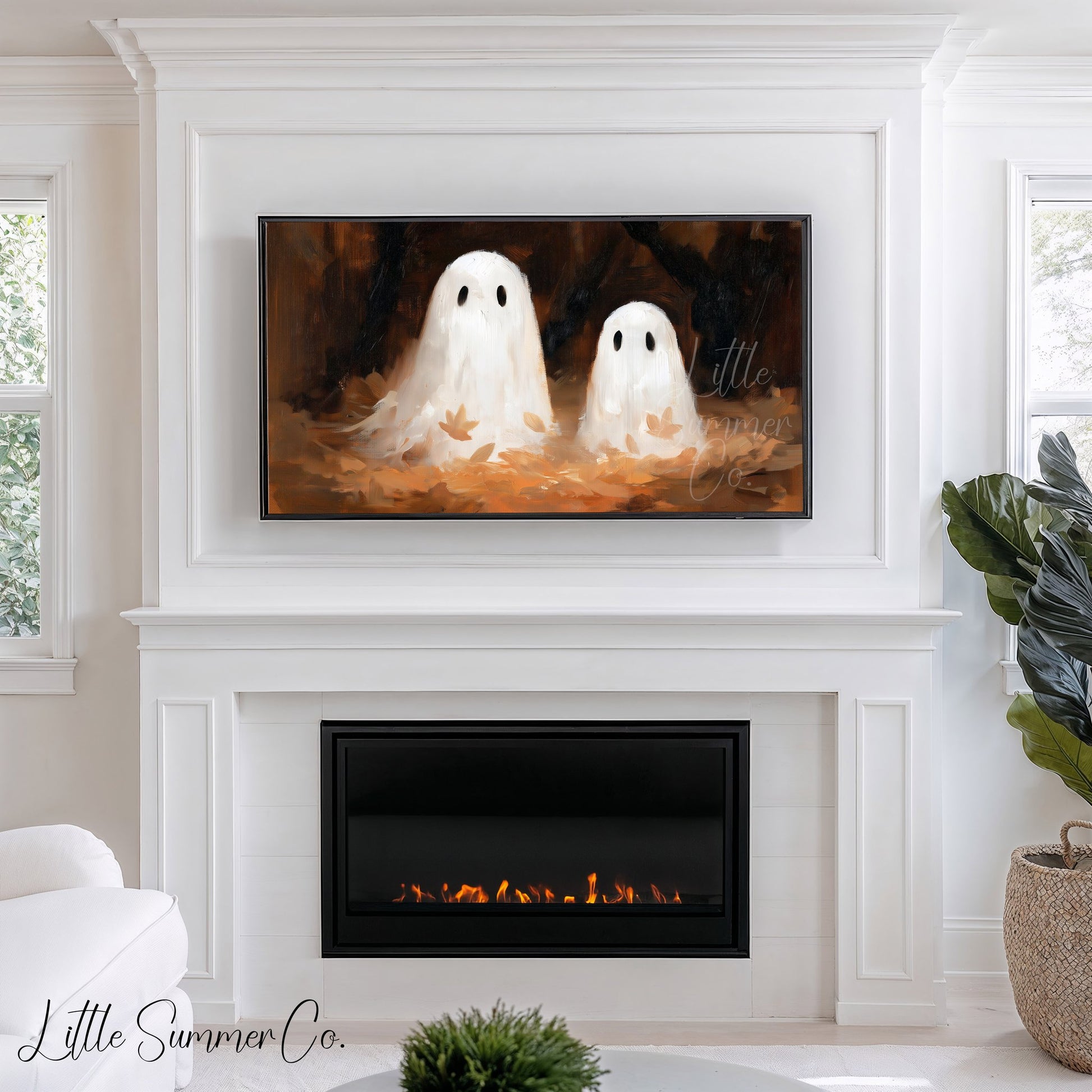 Ghost Pair Autumn Leaves Frame TV Art displayed on a TV