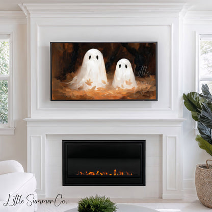Ghost Pair Autumn Leaves Frame TV Art displayed on a TV