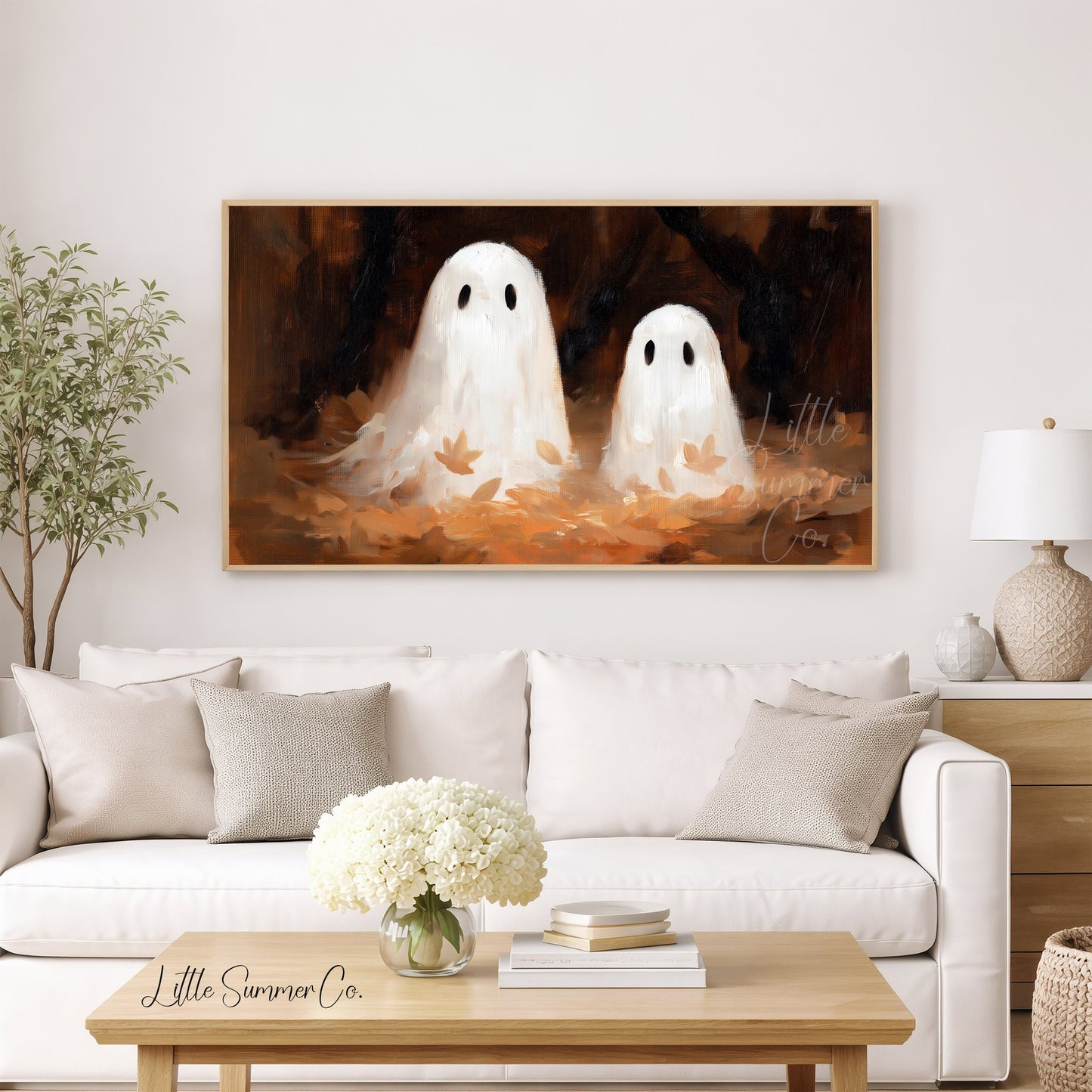 Ghost Pair Autumn Leaves Frame TV Art displayed on a TV