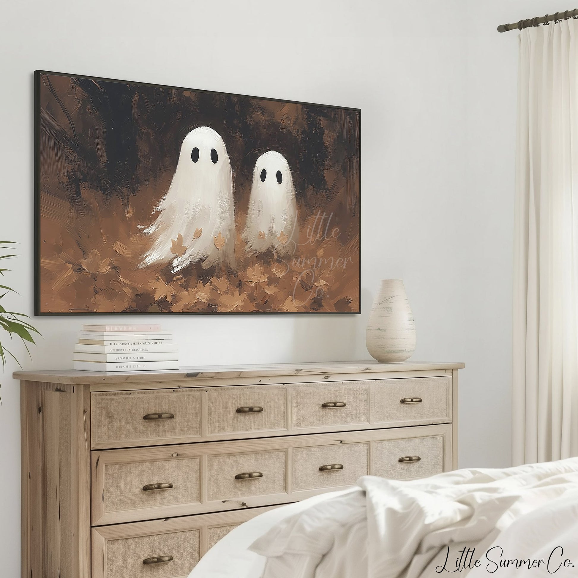 Ghost Pair Fall Leaves Frame TV Art displayed on a TV