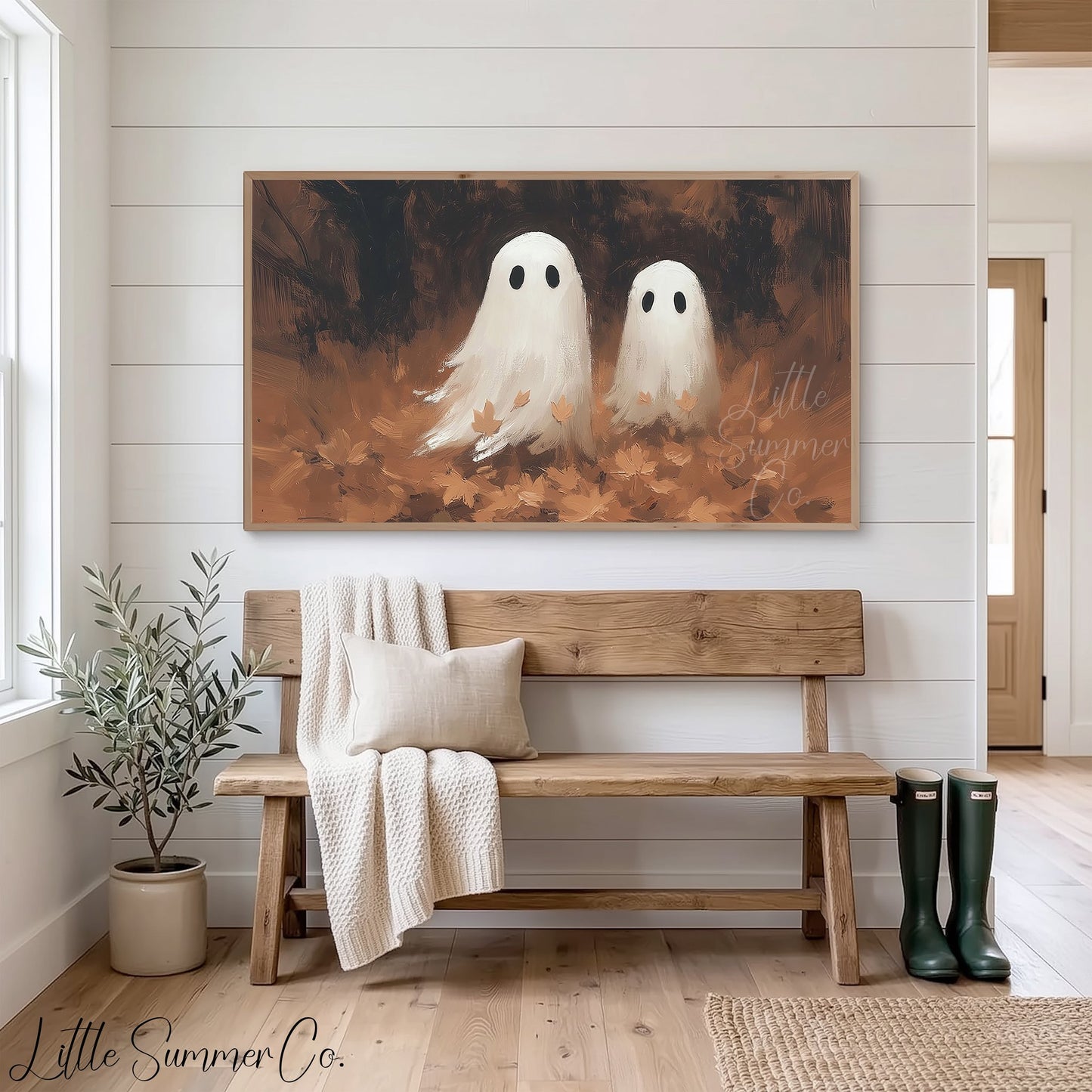 Ghost Pair Fall Leaves Frame TV Art displayed on a TV
