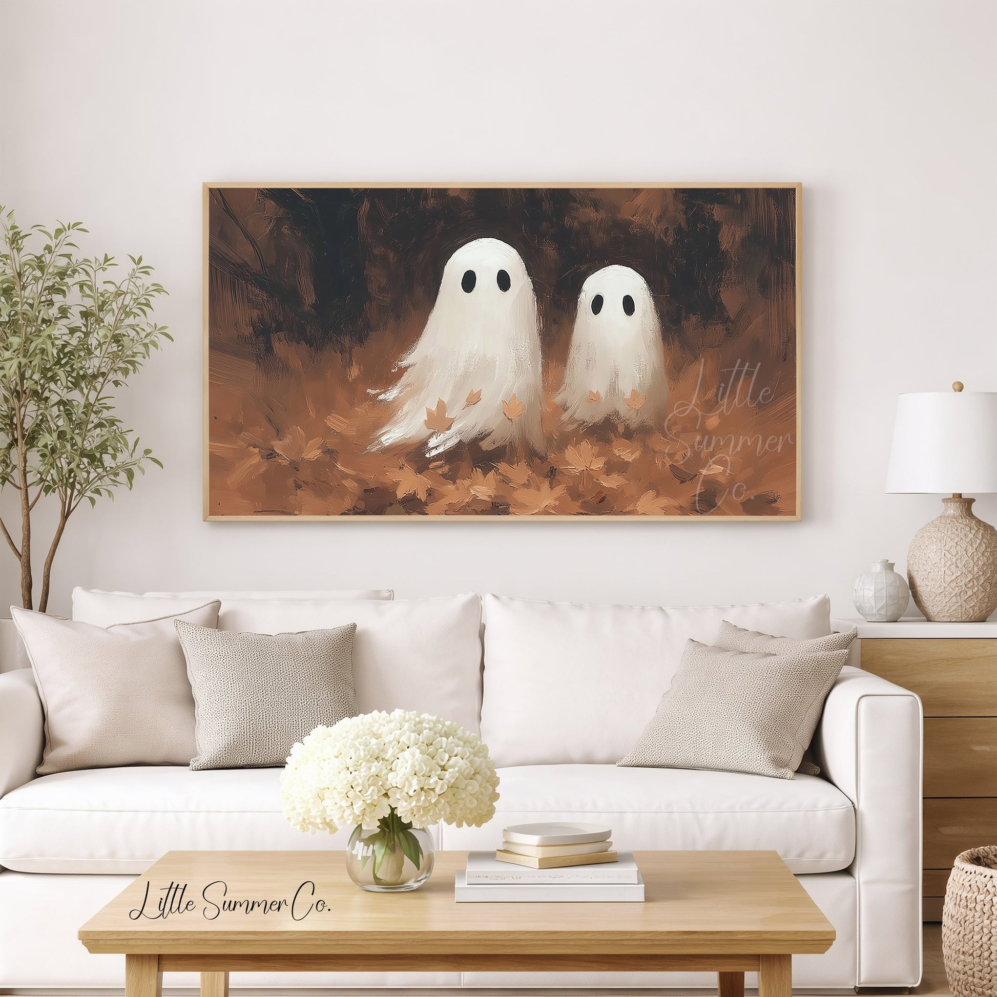 Ghost Pair Fall Leaves Frame TV Art displayed on a TV