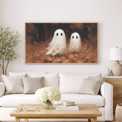 Ghost Pair Fall Leaves Frame TV Art displayed on a TV