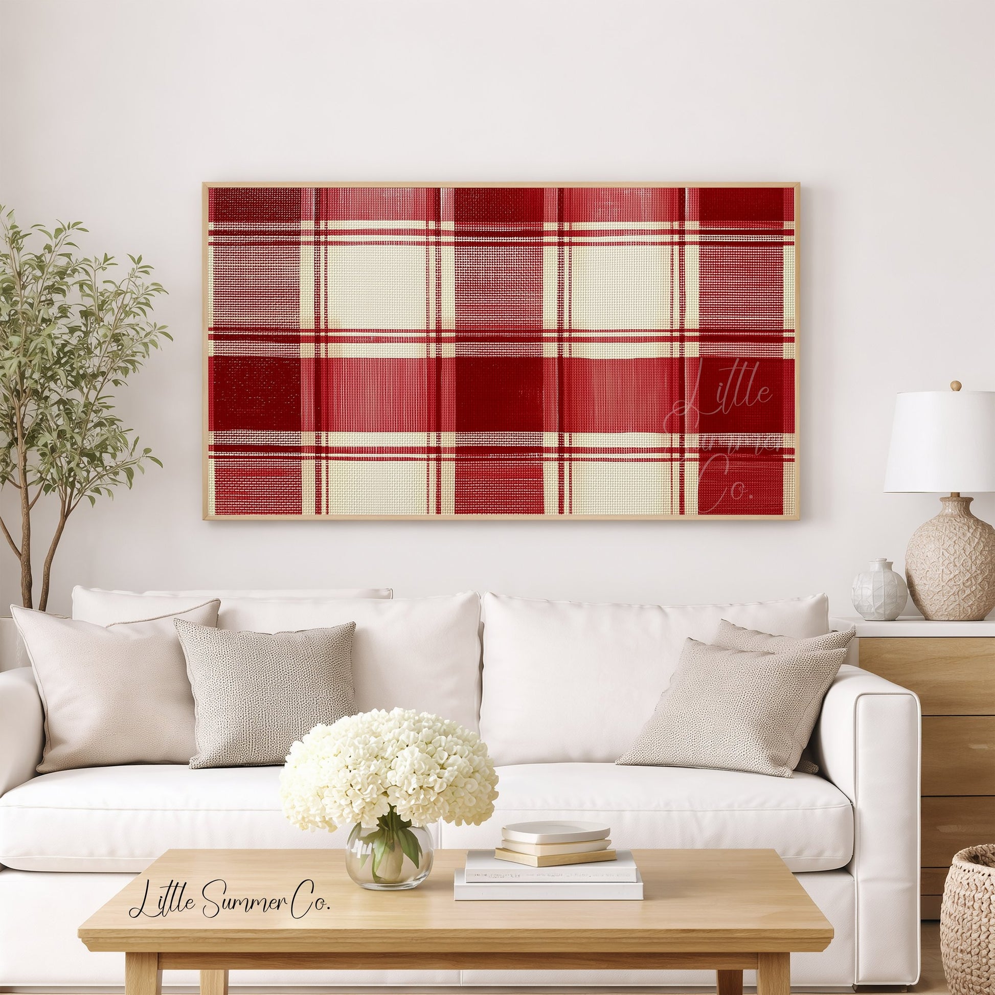 Red Plaid Pattern Frame TV Art displayed on a TV