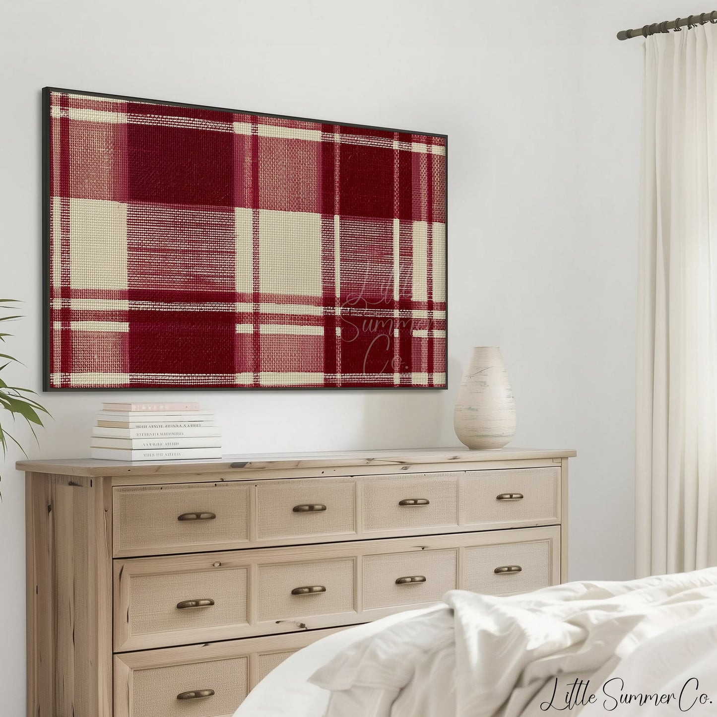 Red Tartan Pattern Frame TV Art displayed on a TV