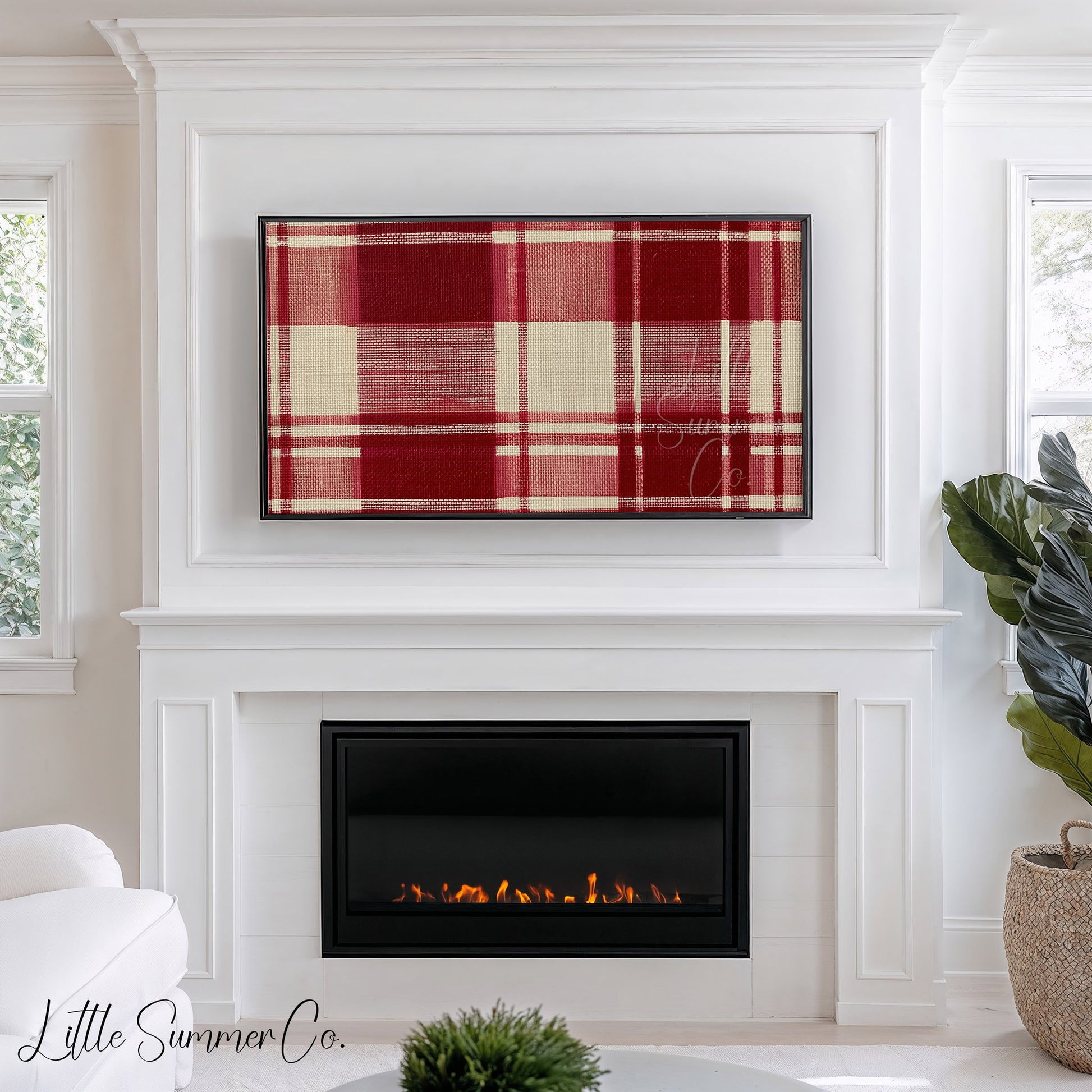 Red Tartan Pattern Frame TV Art displayed on a TV