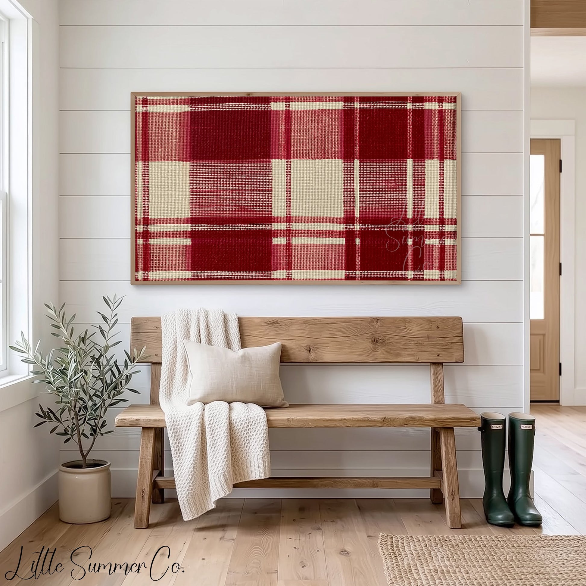 Red Tartan Pattern Frame TV Art displayed on a TV