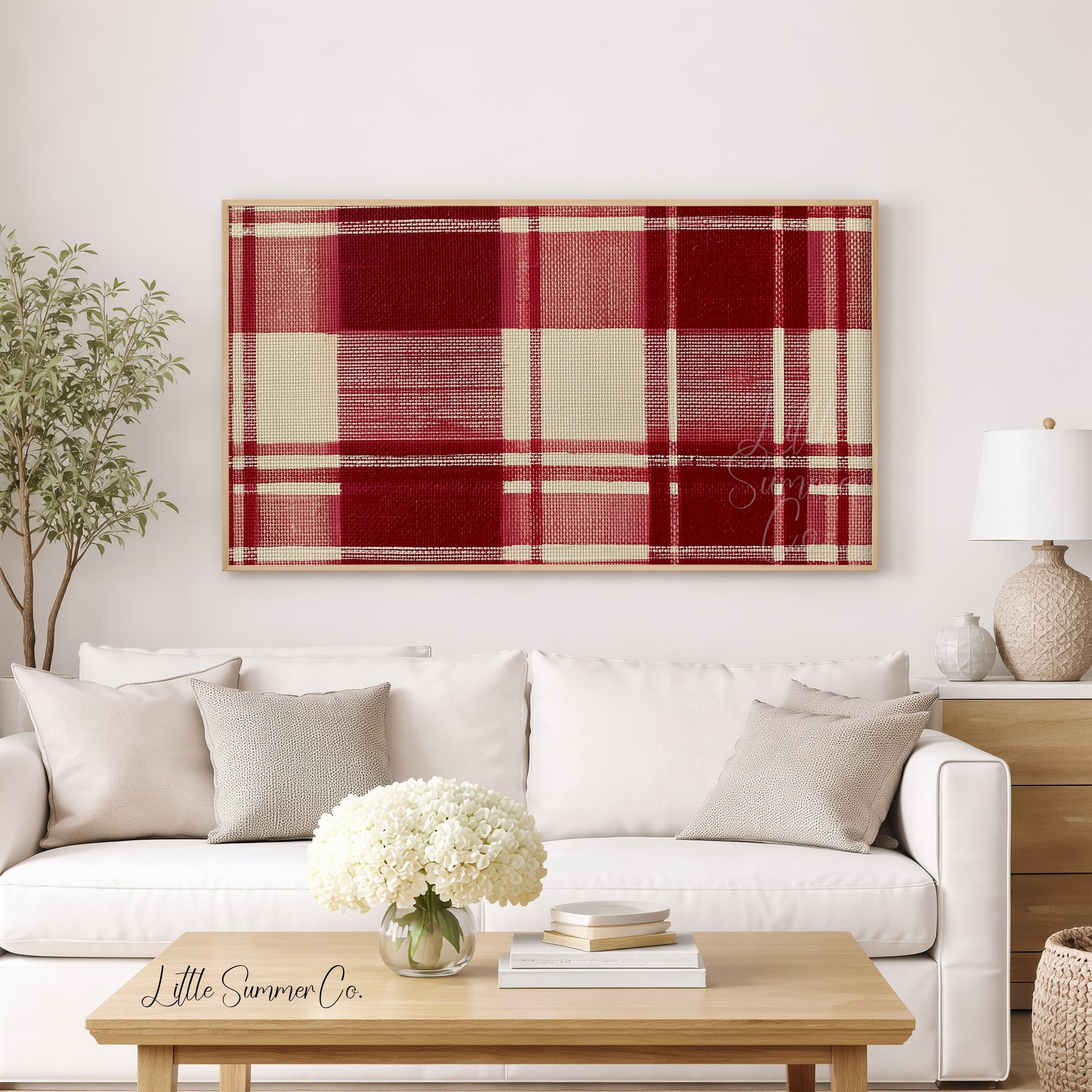 Red Tartan Pattern Frame TV Art displayed on a TV