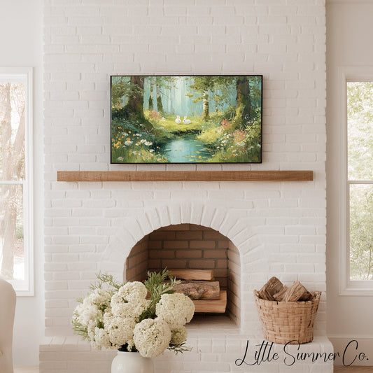 Woodland Rabbits Frame TV Art displayed on a TV