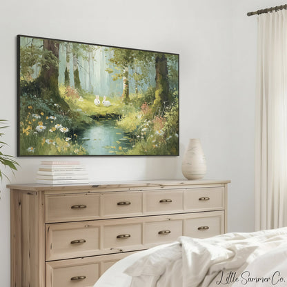 Woodland Rabbits Frame TV Art displayed on a TV