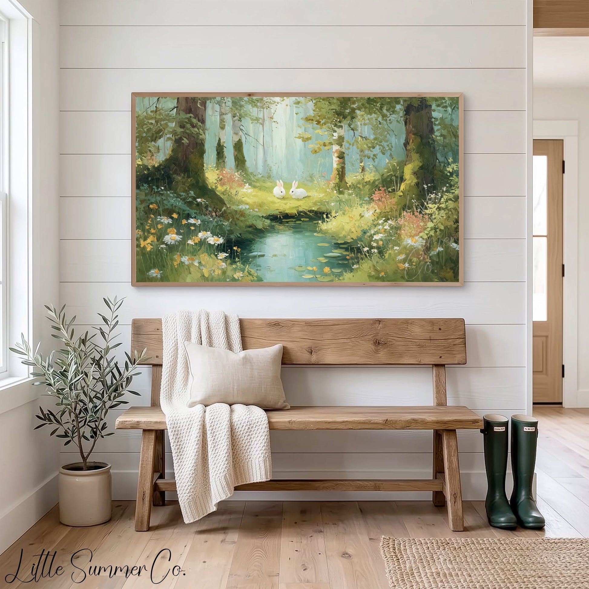 Woodland Rabbits Frame TV Art displayed on a TV