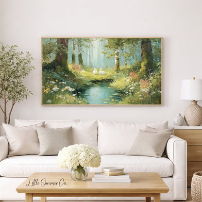 Woodland Rabbits Frame TV Art displayed on a TV