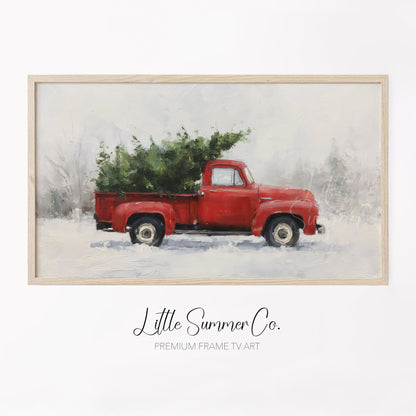Red Truck Christmas Tree Frame TV Art displayed on a TV