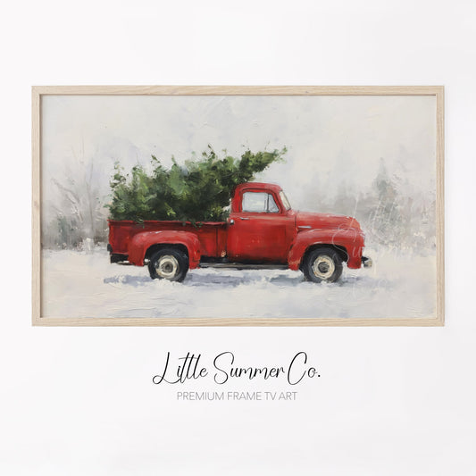Red Truck Christmas Tree Frame TV Art displayed on a TV