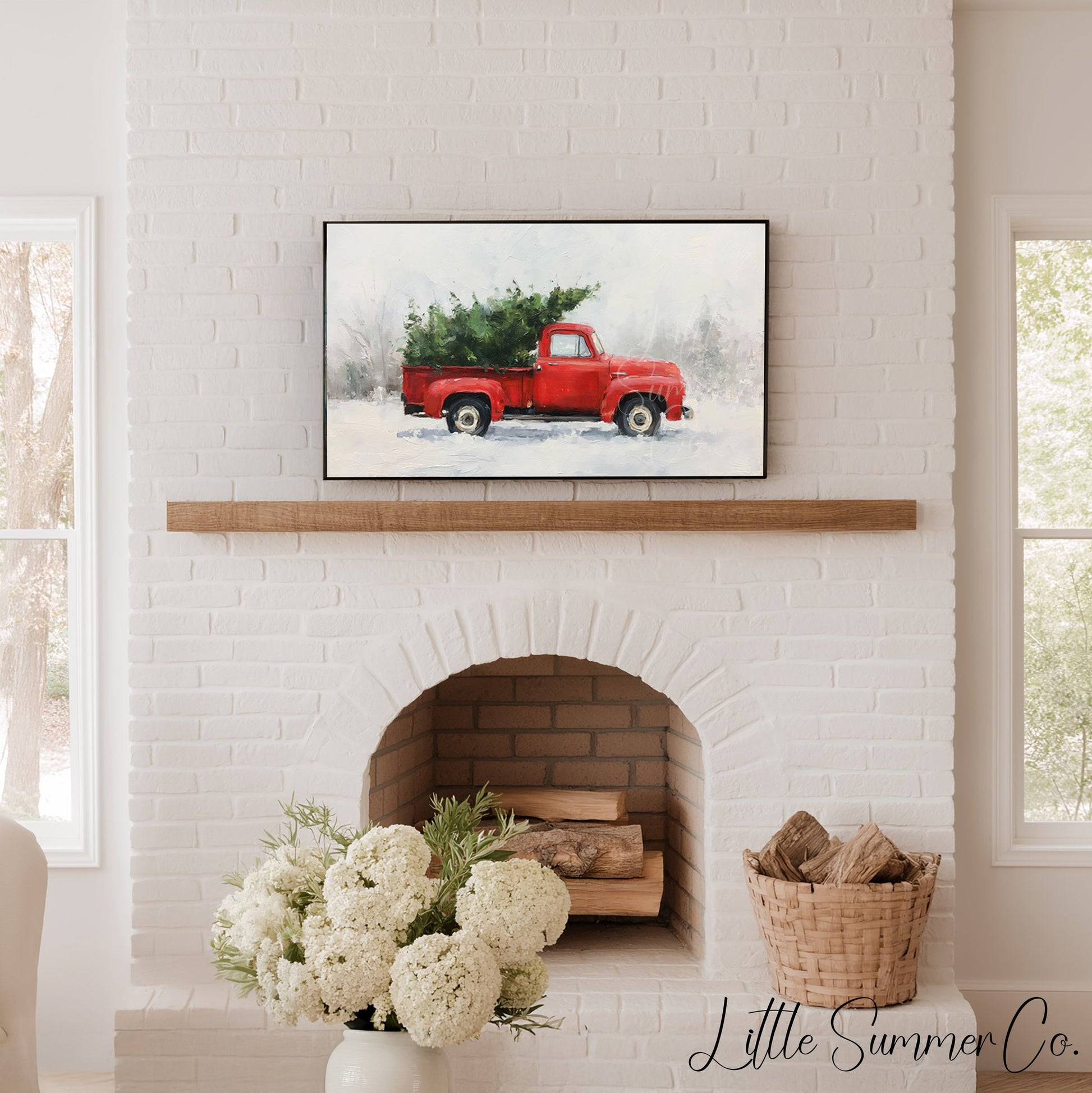Red Truck Christmas Tree Frame TV Art displayed on a TV