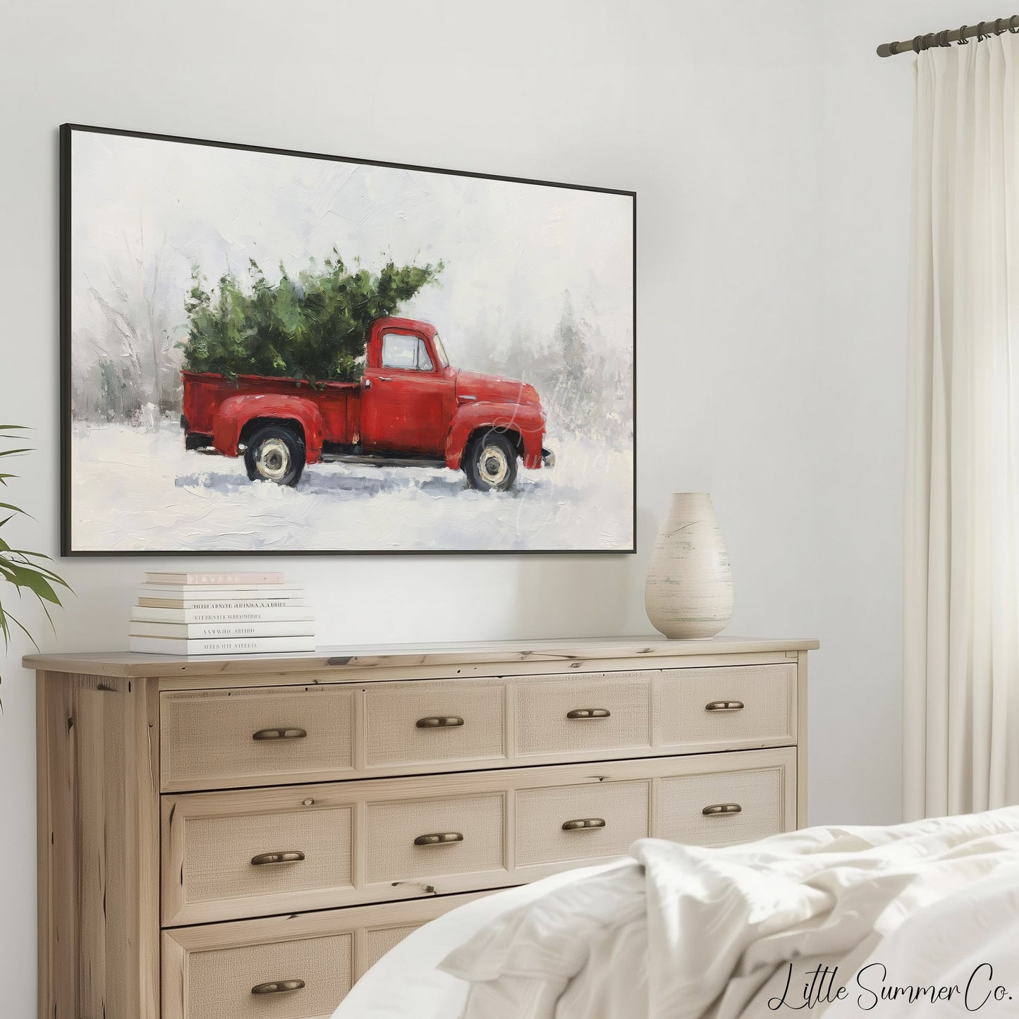 Red Truck Christmas Tree Frame TV Art displayed on a TV