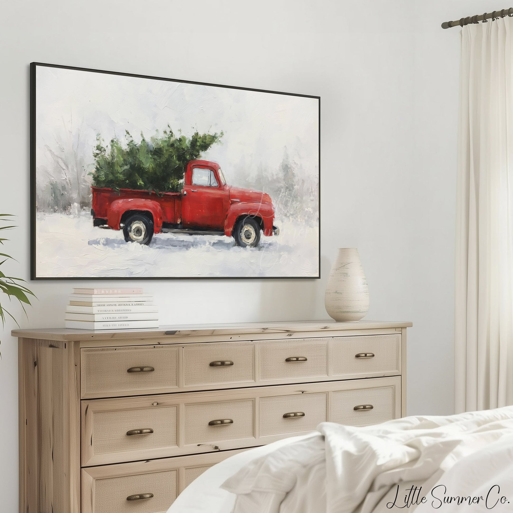 Red Truck Christmas Tree Frame TV Art displayed on a TV