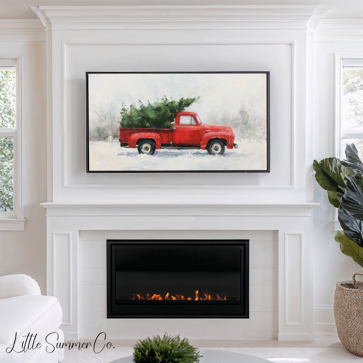 Red Truck Christmas Tree Frame TV Art displayed on a TV