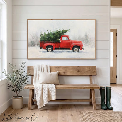 Red Truck Christmas Tree Frame TV Art displayed on a TV