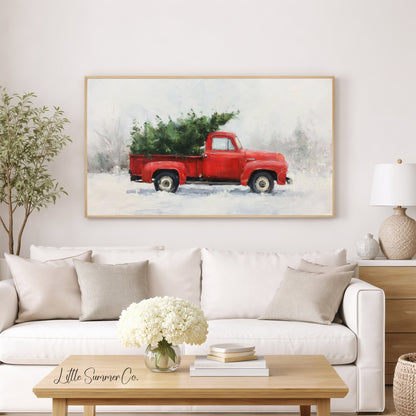 Red Truck Christmas Tree Frame TV Art displayed on a TV