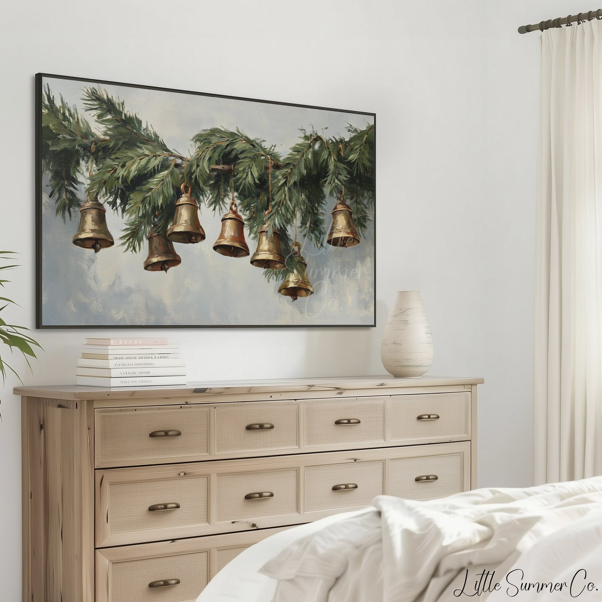Evergreen Bells Garland Frame TV Art displayed on a TV