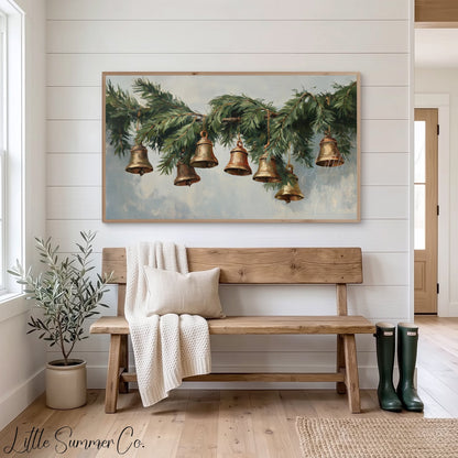 Evergreen Bells Garland Frame TV Art displayed on a TV