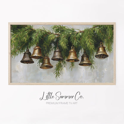 Hanging Bells Pine Garland Frame TV Art displayed on a TV