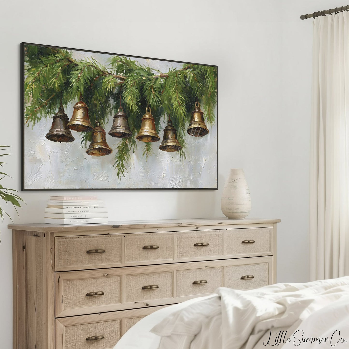 Hanging Bells Pine Garland Frame TV Art displayed on a TV